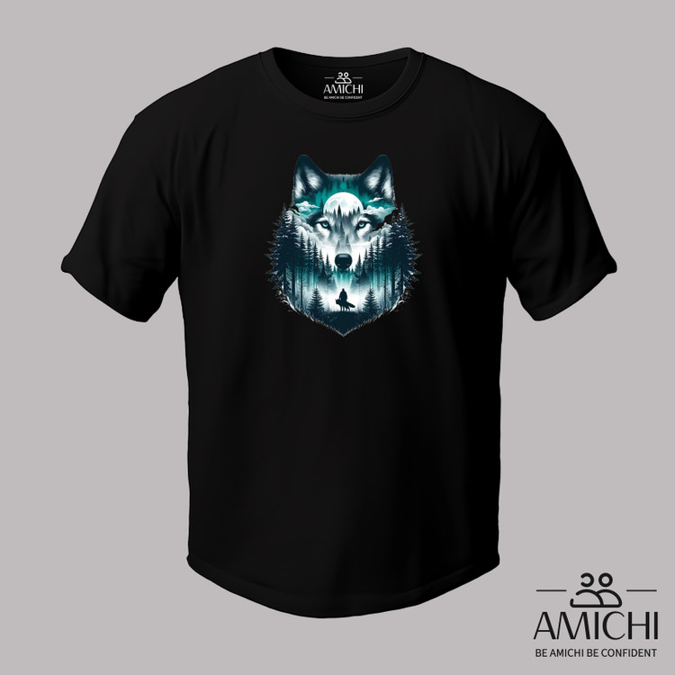 تیشرت سایزبزرگ یقهگرد چاپی طرح گرگ رنگ مشکی