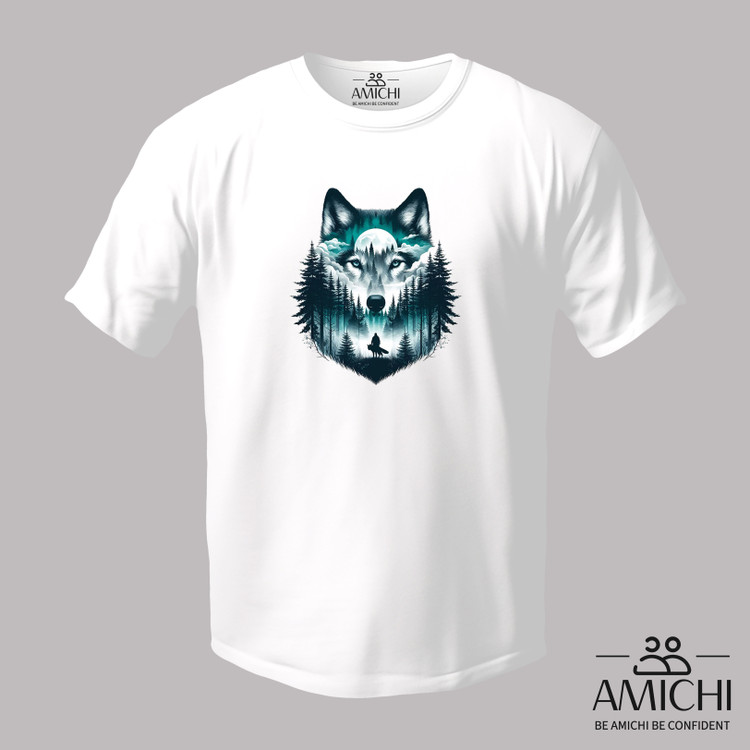 تیشرت سایزبزرگ یقهگرد چاپی طرح گرگ رنگ سفید