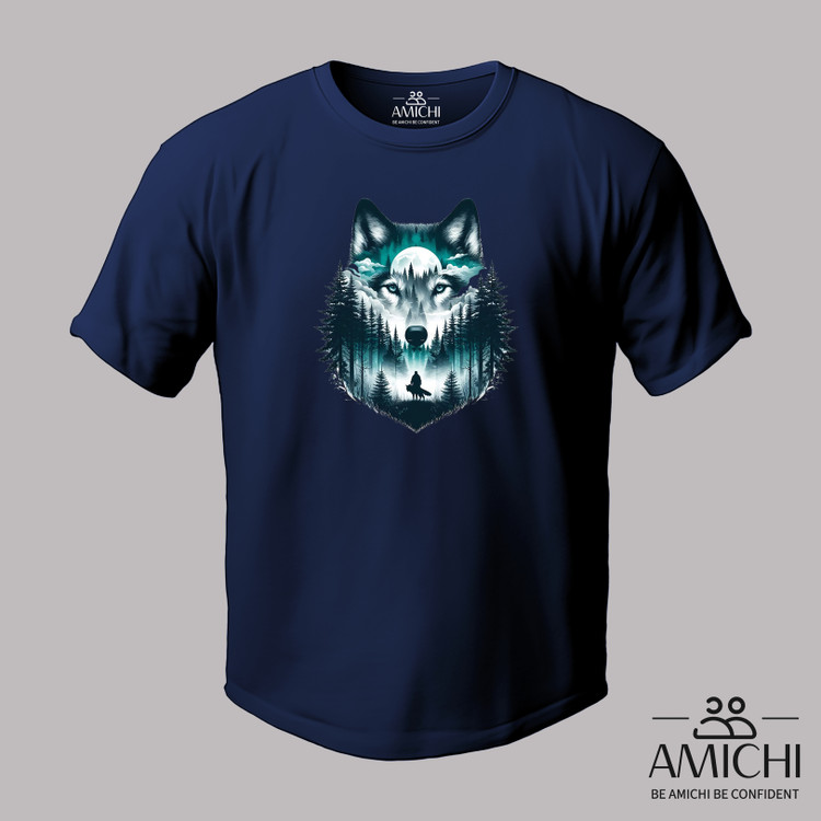 تیشرت سایزبزرگ یقهگرد چاپی طرح گرگ رنگ سورمهای