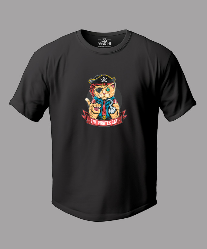 تیشرت نخپنبه مردانه سایزبزرگ یقهگرد چاپی طرح گربه دزد دریایی