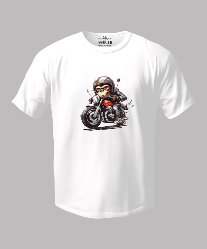 تیشرت مردانه سایزبزرگ یقهگرد چاپیطرح میمون موتورسوار