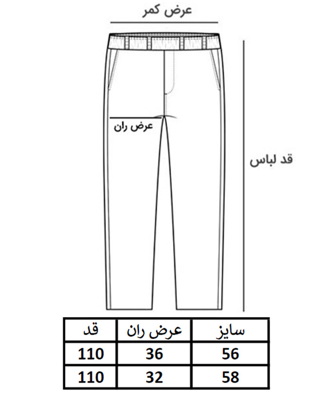 جدول سایزبندی اسلش سایزبزرگ شش جیب جین مردانه دمپاکش