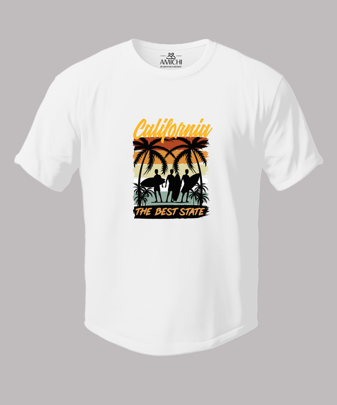 تیشرت مردانه سایزبزرگ یقهگرد چاپی طرح CALIFORNIA پارچه نخپنبه رنگ سفید