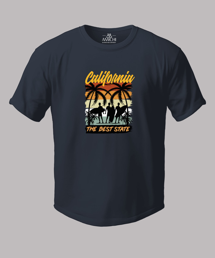 تیشرت مردانه سایزبزرگ یقهگرد چاپی طرح CALIFORNIA پارچه نخپنبه رنگ طوسی