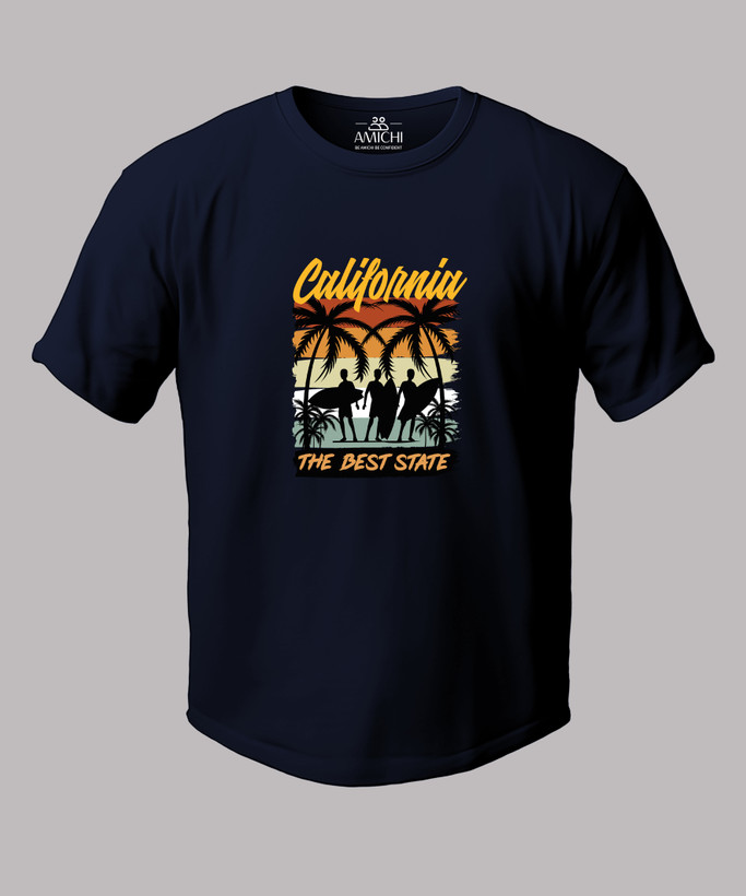 تیشرت مردانه سایزبزرگ یقهگرد چاپی طرح CALIFORNIA پارچه نخپنبه رنگ سورمهای