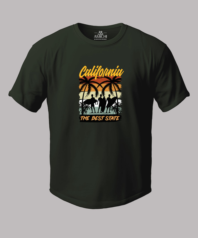 تیشرت مردانه سایزبزرگ یقهگرد چاپی طرح CALIFORNIA پارچه نخپنبه رنگ سبز