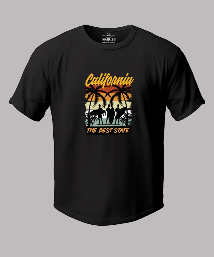 تیشرت مردانه سایزبزرگ یقهگرد چاپی طرح CALIFORNIA پارچه نخپنبه رنگ مشکی