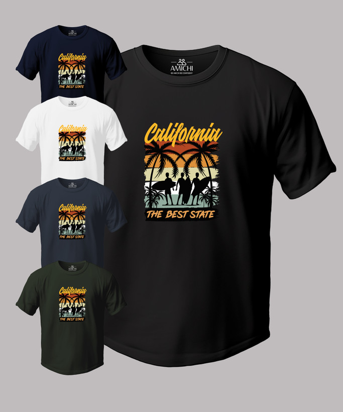 تیشرت مردانه سایزبزرگ یقهگرد چاپی طرح CALIFORNIA پارچه نخپنبه