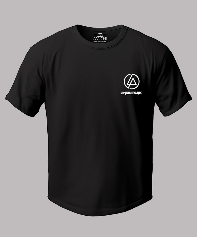 تیشرت مردانه سایزبزرگ یقهگرد چاپی طرح LINKINPARK پارچه نخپنبه رنگ مشکی