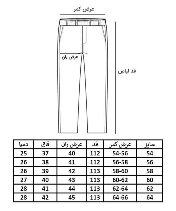 جدول سایزبندی شلوار جین بگ استایل سایزبزرگ مردانه تا سایز 64