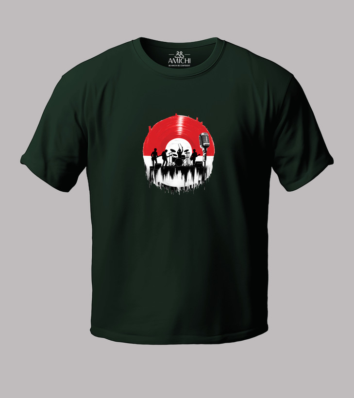تیشرت مردانه سایزبزرگ یقهگرد پارچه نخپنبه چاپ طرح گروه موسیقی رنگ سبز