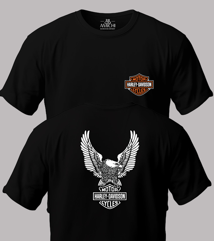 تیشرت مردانه سایزبزرگ یقهگرد پارچه نخپنبه دورو چاپ طرح هارلی دیویدسون Harley-Davidson رنگ مشکی