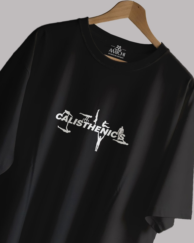 تیشرت باکسی مردانه یقهگرد پارچه دورس دونخ با چاپ طرح calisthenics رنگ مشکی