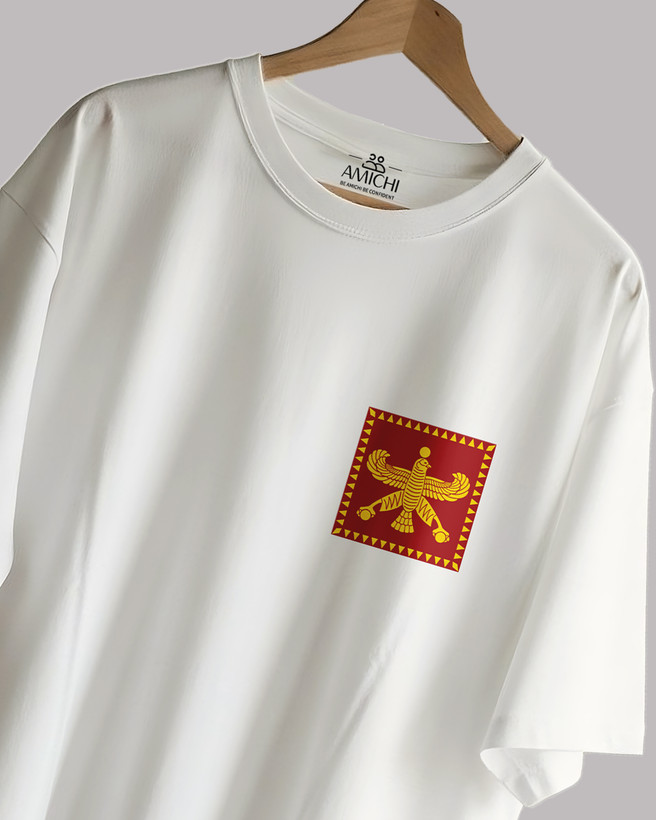 تیشرت باکسی مردانه یقهگرد پارچه دورس دونخ با چاپ طرح هخامنشی رنگ شیری