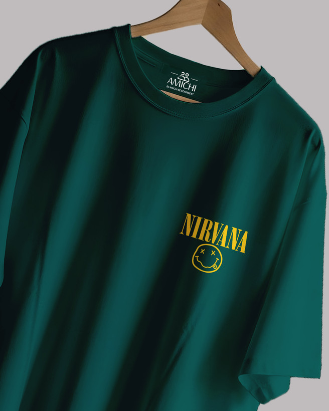 تیشرت باکسی مردانه یقهگرد پارچه دورس دونخ با چاپ طرح نیروانا (Nirvana) رنگ سبز