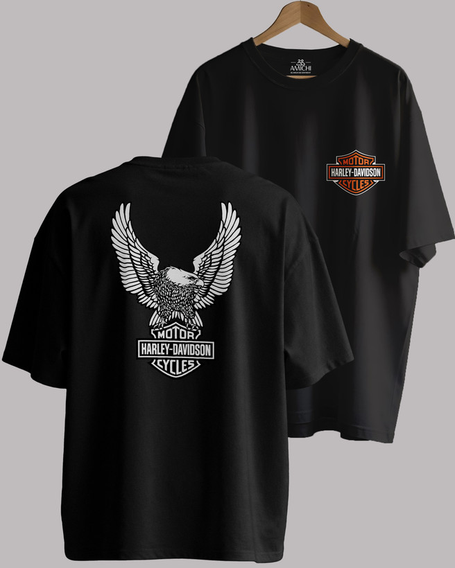 تیشرت باکسی مردانه دوروچاپ یقهگرد پارچه دورس دونخ با چاپ طرح هارلی دیویدسون Harley-Davidson رنگ مشکی