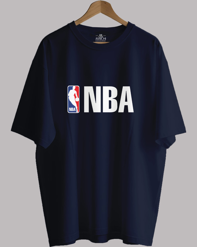 تیشرت باکسی مردانه یقهگرد پارچه دورس دونخ با چاپ طرح NBA بسکتبال رنگ سورمهای