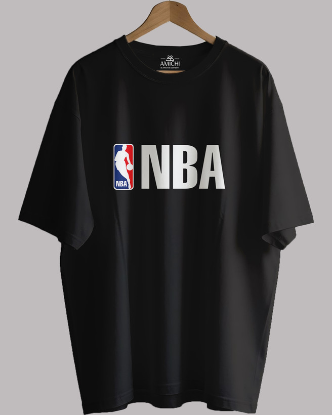 تیشرت باکسی مردانه یقهگرد پارچه دورس دونخ با چاپ طرح NBA بسکتبال رنگ مشکی