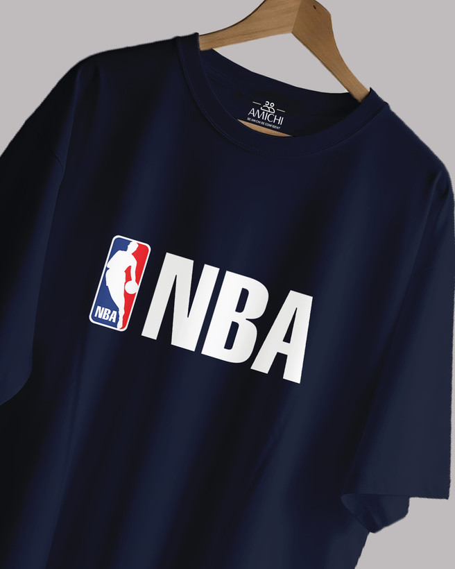 تیشرت باکسی مردانه یقهگرد پارچه دورس دونخ با چاپ طرح NBA بسکتبال رنگ سورمهای
