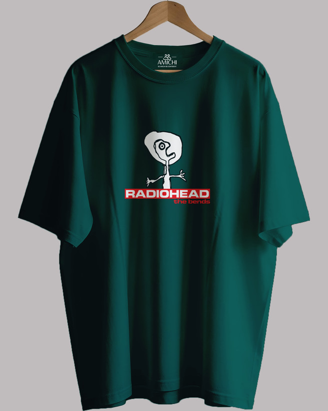 تیشرت باکسی مردانه یقهگرد پارچه دورس دونخ با چاپ طرح radiohead رنگ سبز