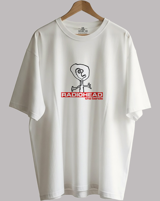تیشرت باکسی مردانه یقهگرد پارچه دورس دونخ با چاپ طرح radiohead رنگ شیری