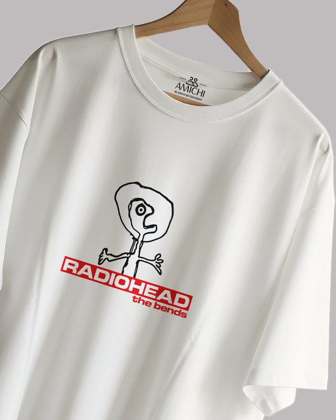 تیشرت باکسی مردانه یقهگرد پارچه دورس دونخ با چاپ طرح radiohead رنگ شیری
