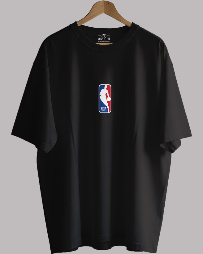 تیشرت باکسی مردانه یقهگرد پارچه دورس دونخ با چاپ طرح NBA رنگ مشکی