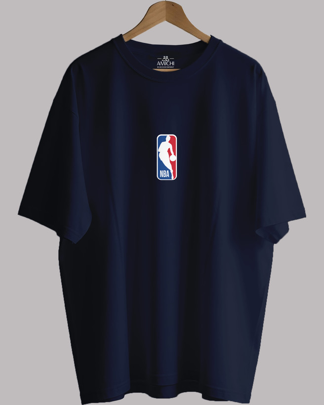 تیشرت باکسی مردانه یقهگرد پارچه دورس دونخ با چاپ طرح NBA رنگ سورمهای