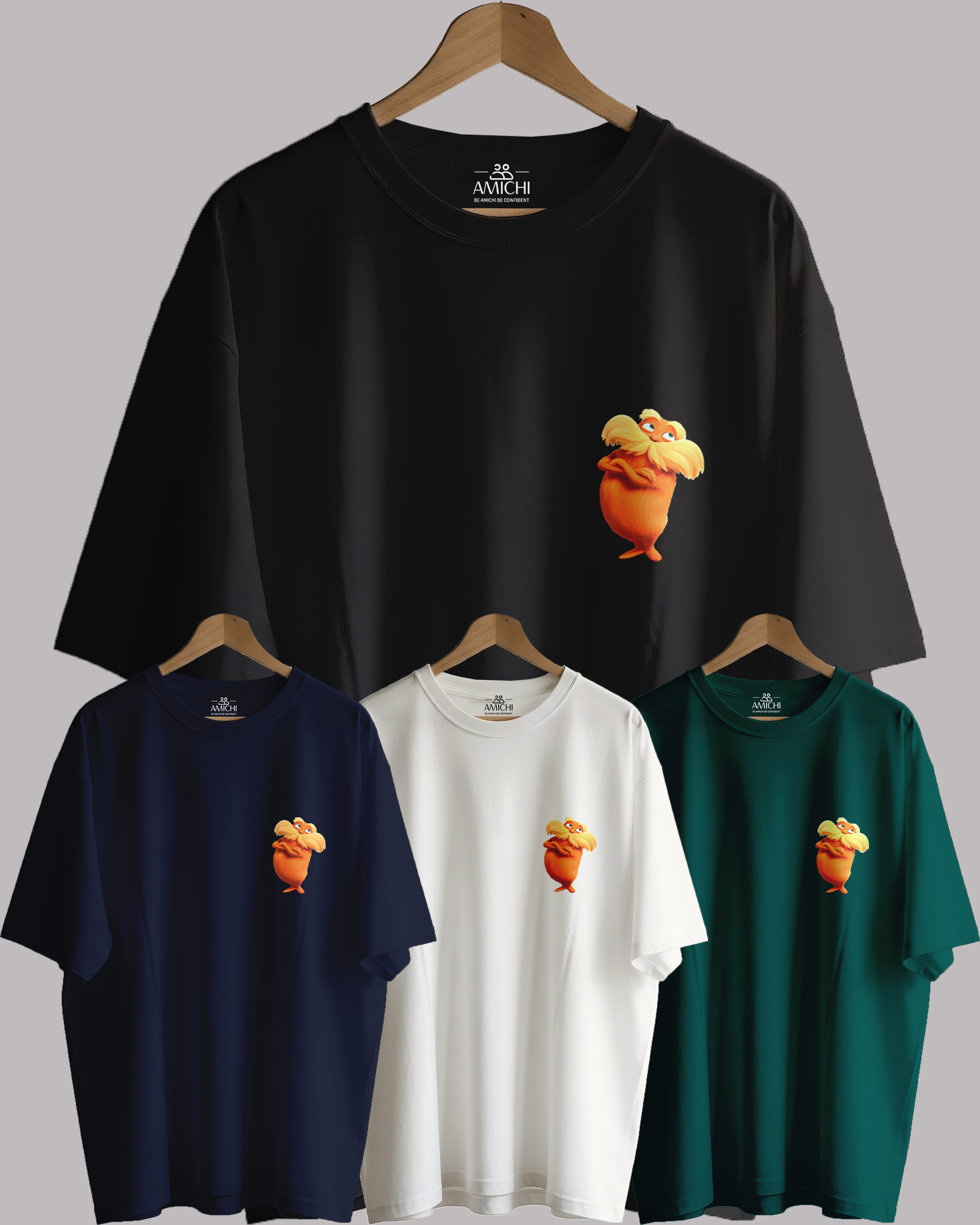 تیشرت باکسی مردانه یقه‌گرد پارچه دورس دونخ با چاپ طرح انیمیشن  The Lorax(لوراکس)
